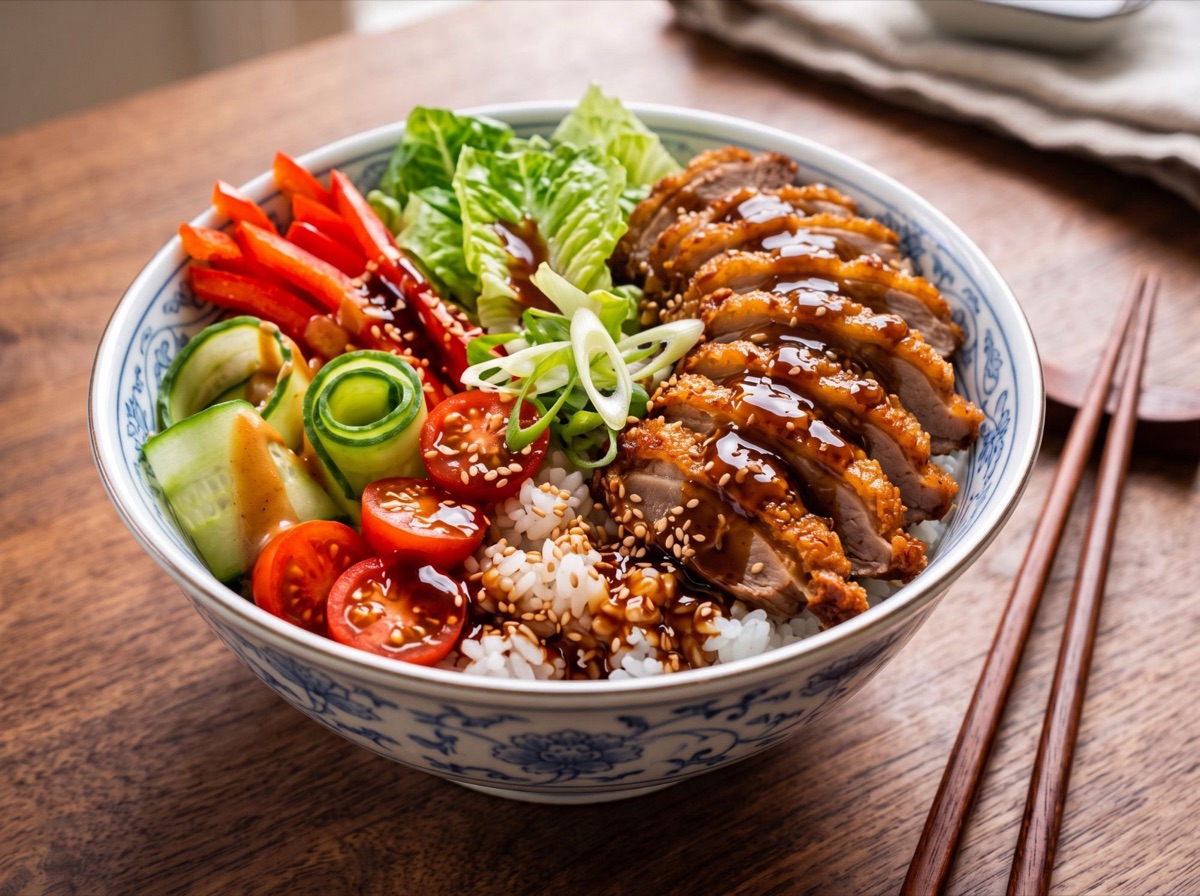 Lili&rsquo;s Bowl mit knuspriger Ente, Reis, Gurke, Paprika, Tomaten und Sesam in einer blau-weißen Schale