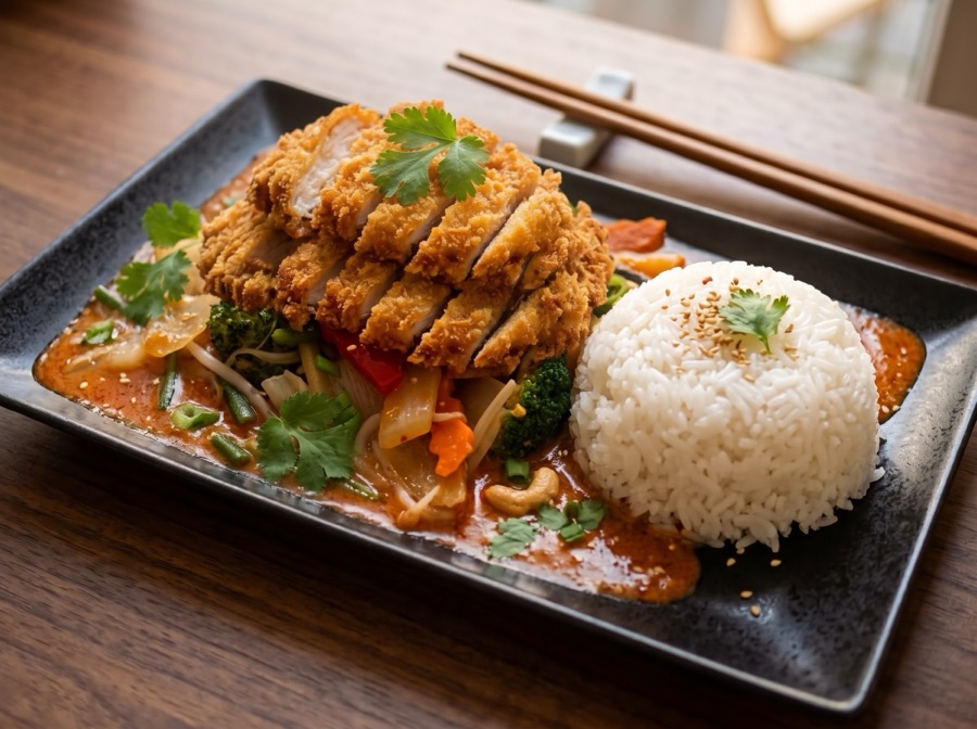 Rotes Thai-Curry mit paniertem Hühnerfleisch, Gemüse und Reis