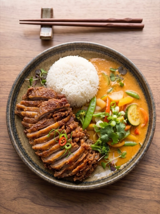 Knusprige Ente mit Reis und Currygemüse auf dem Teller