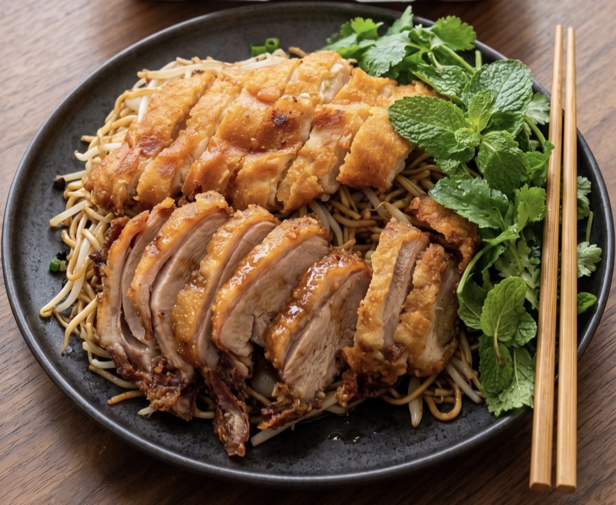 Gebratene Nudeln mit knusprigem Fleisch, frischen Kräutern und Sprossen