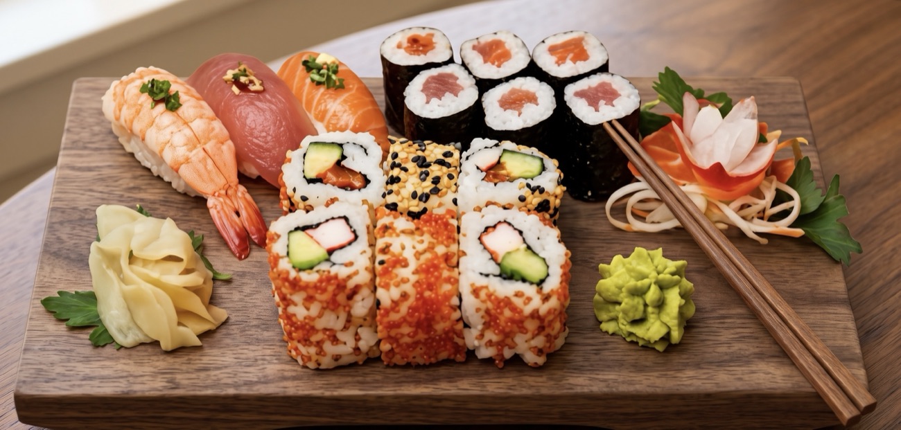 Große Sushi-Platte mit Nigiri, Maki und Uramaki auf einem Holzbrett, dazu Ingwer und Wasabi