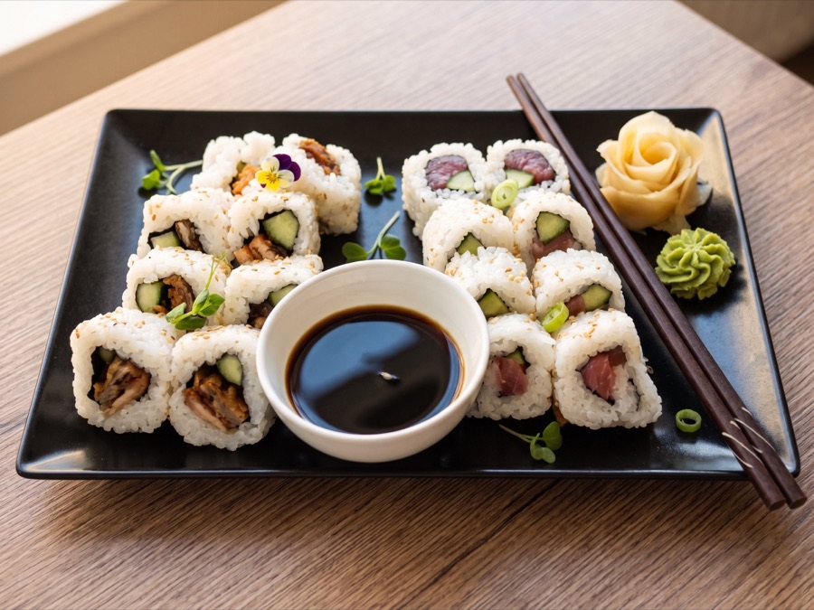 Sushi-Platte mit verschiedenen Maki- und Uramaki-Rollen und Sojasauce